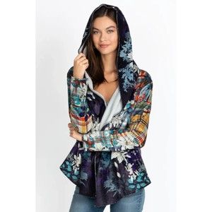 Johnny Was Ono Sherpa Jacket Hoodie Waterfall Open Front Printed XLarge
